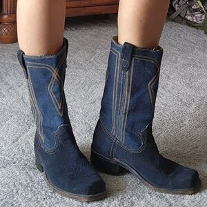 RARE Vintage 70s Rodeo Denim & Dark Blue Suede Western Square Toe Boots W9 M 7.5